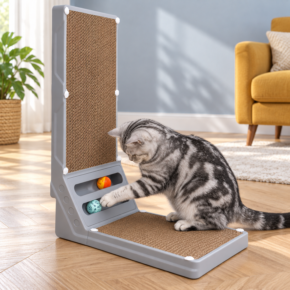 Joytale 23.6-Inch L-Shaped Cardboard Cat Scratcher with 2 Ball Toys – Large – Alternative view in the same room
