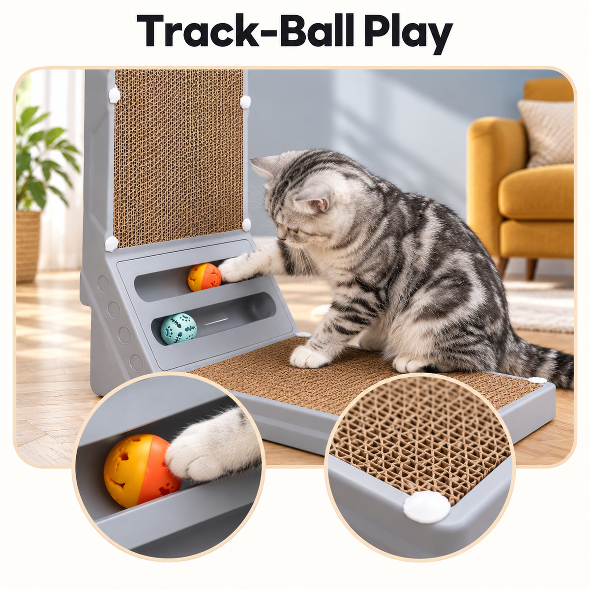 Joytale 23.6-Inch L-Shaped Cardboard Cat Scratcher with 2 Ball Toys – Large – Track-Ball Play