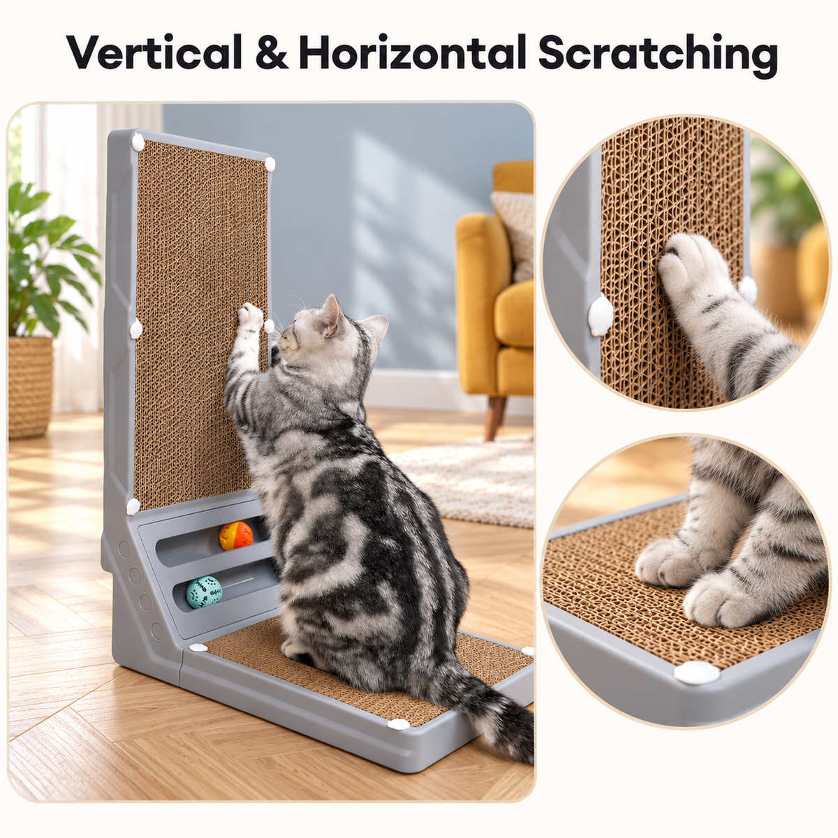 Joytale 23.6-Inch L-Shaped Cardboard Cat Scratcher with 2 Ball Toys – Large – Vertical & Horizontal Scratching