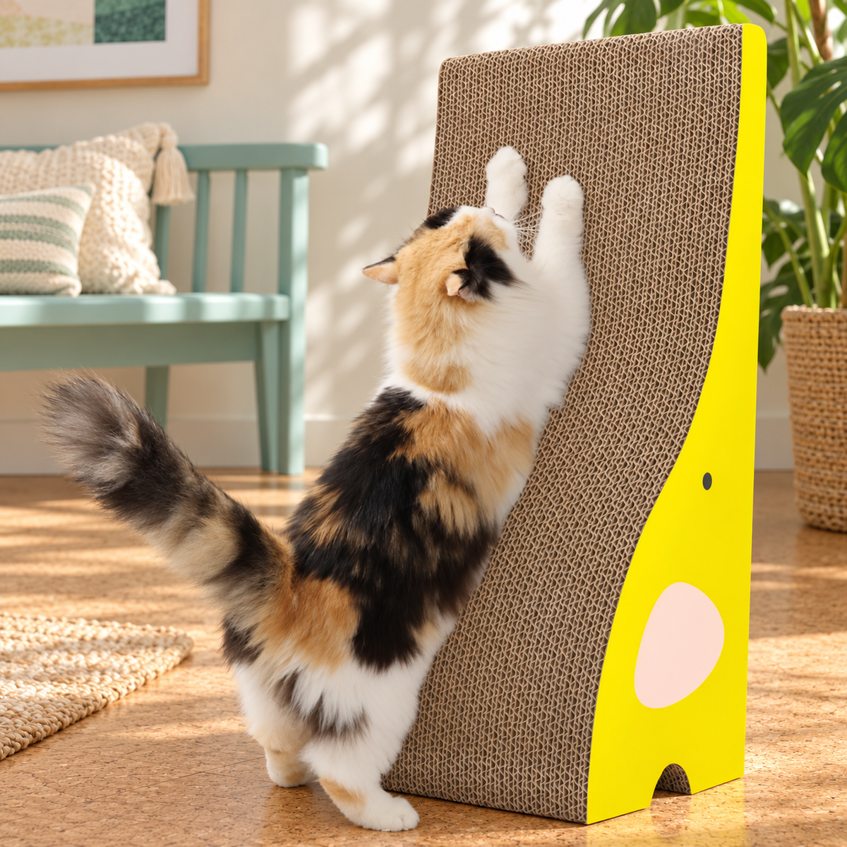 TanoFalo Elephant-Shaped Reversible Cardboard Cat Scratcher with Catnip – Yellow – cat and product in a home setting
