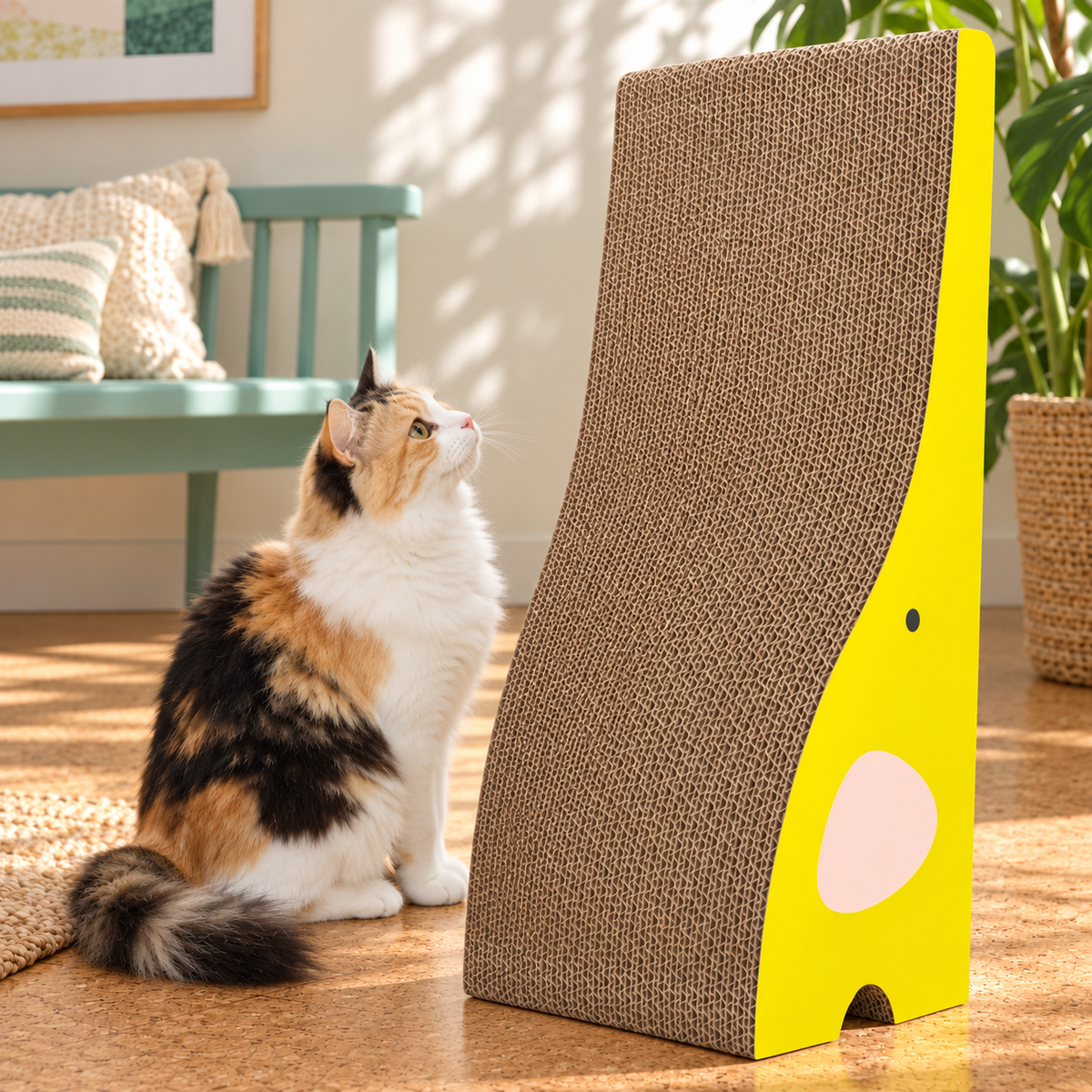 TanoFalo Elephant-Shaped Reversible Cardboard Cat Scratcher with Catnip – Yellow – Alternative view in the same room