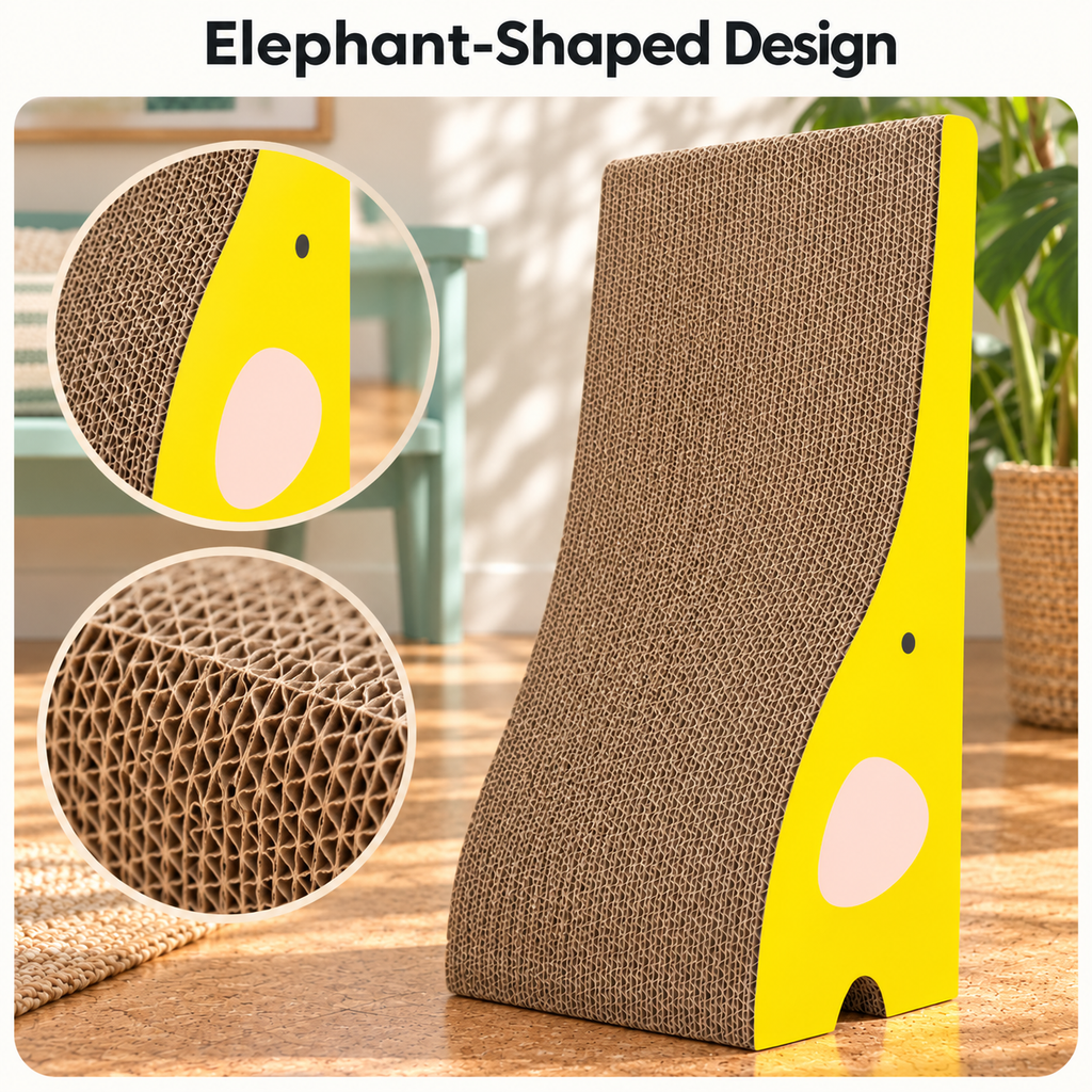 TanoFalo Elephant-Shaped Reversible Cardboard Cat Scratcher with Catnip – Yellow – Elephant-Shaped Design