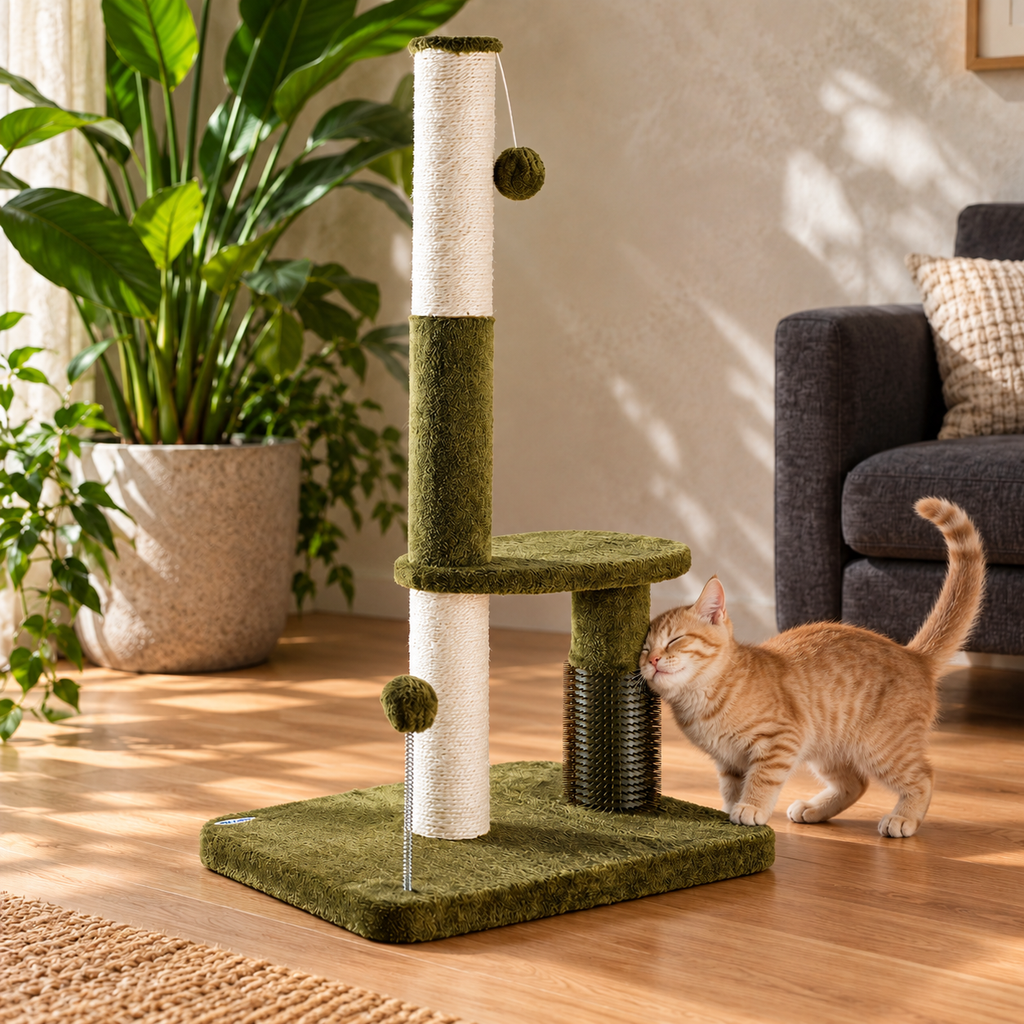 Happi N Pets 34-Inch Sisal Cat Scratching Post with Self-Groomer & Hanging Toys – Green – Alternative view in the same room