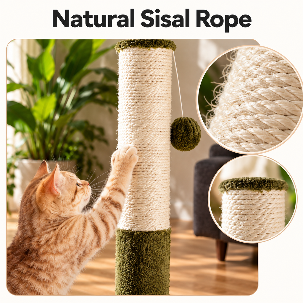 Happi N Pets 34-Inch Sisal Cat Scratching Post with Self-Groomer & Hanging Toys – Green – Natural Sisal Rope