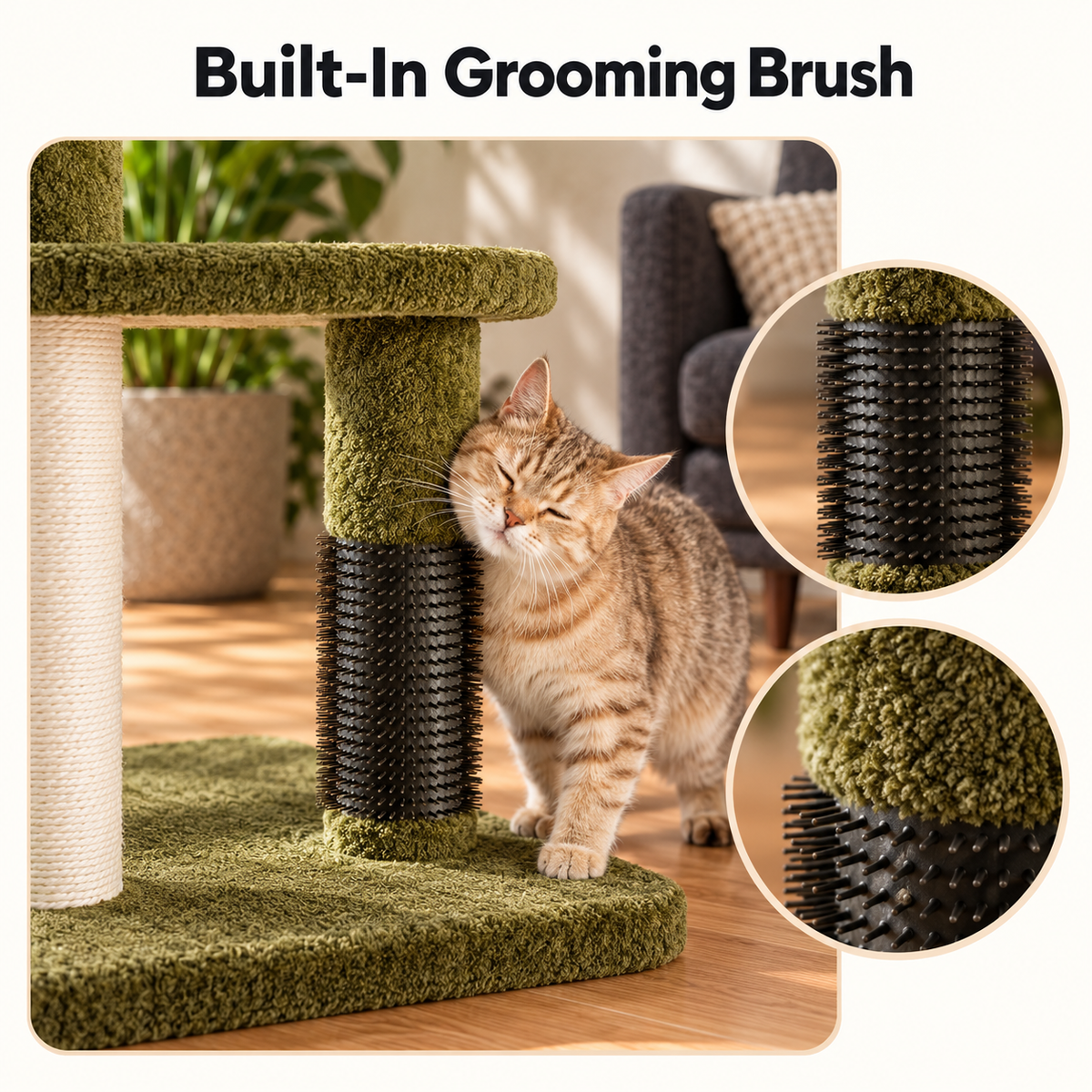 Happi N Pets 34-Inch Sisal Cat Scratching Post with Self-Groomer & Hanging Toys – Green – Built-In Grooming Brush