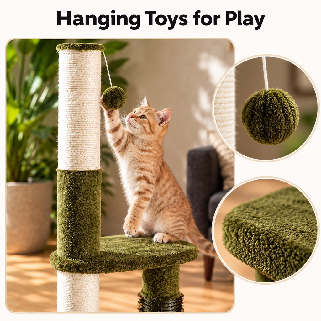 Happi N Pets 34-Inch Sisal Cat Scratching Post with Self-Groomer & Hanging Toys – Green – Hanging Toys for Play