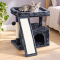 Small Cat Tree with Condo, Perch & Scratching Post and Board – Smoky Grey – cat and product in a home setting