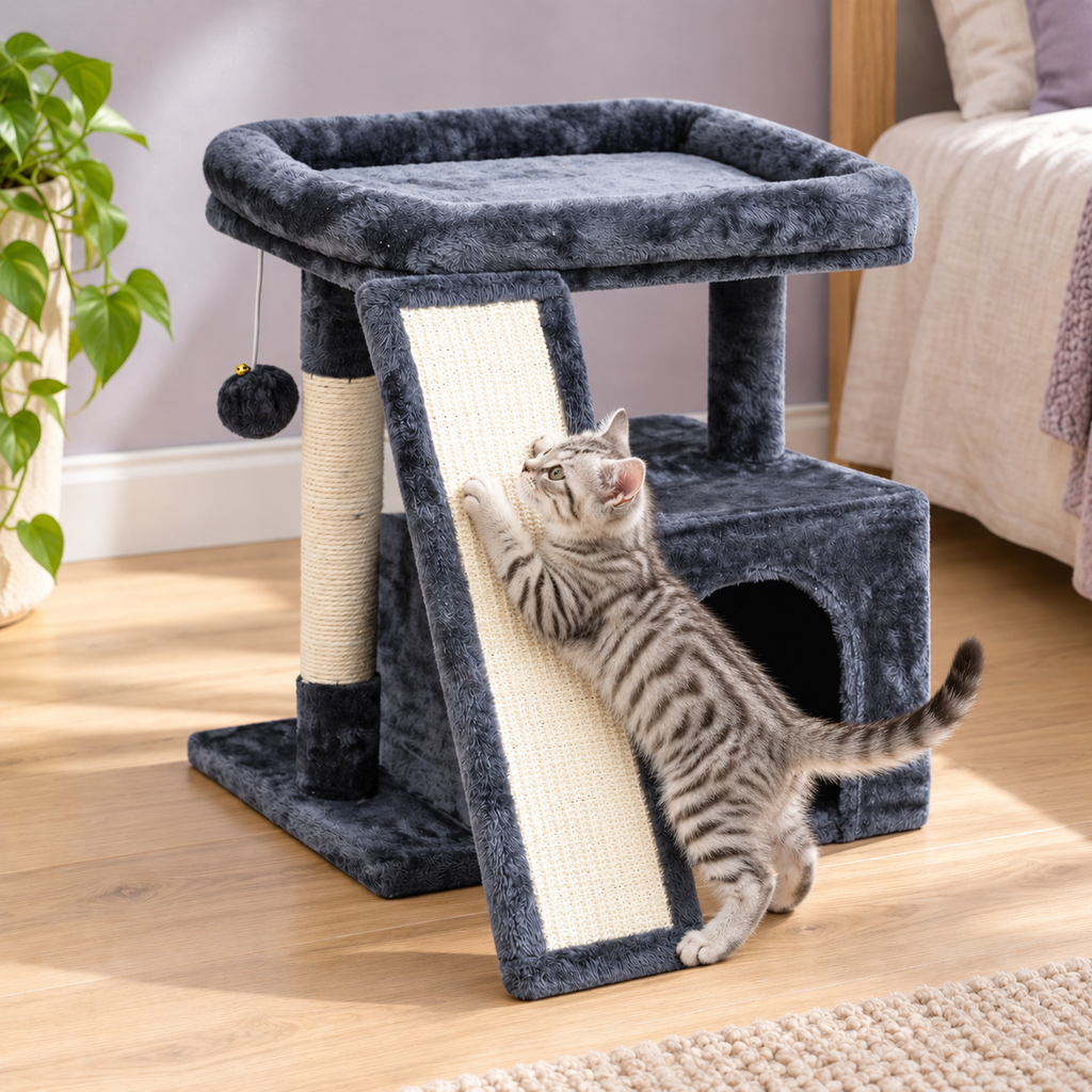 Small Cat Tree with Condo, Perch & Scratching Post and Board – Smoky Grey – Alternative view in the same room