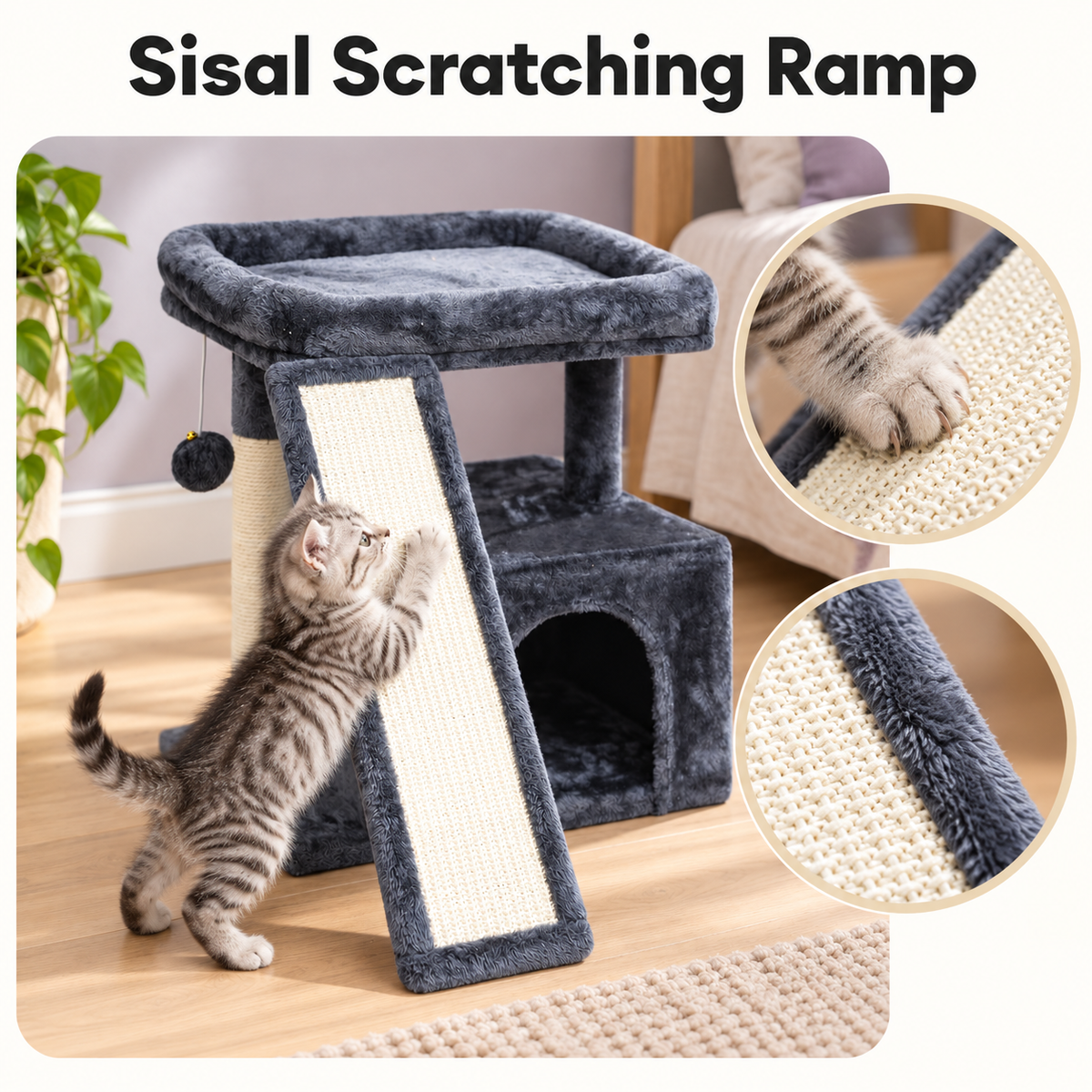 Small Cat Tree with Condo, Perch & Scratching Post and Board – Smoky Grey – Sisal Scratching Ramp