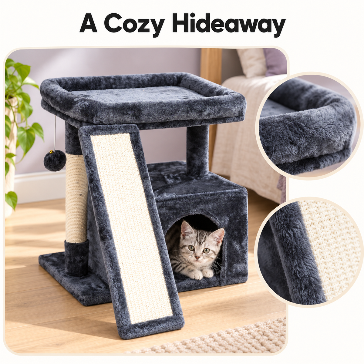 Small Cat Tree with Condo, Perch & Scratching Post and Board – Smoky Grey – A Cozy Hideaway