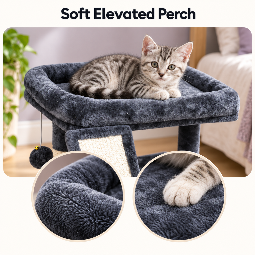 Small Cat Tree with Condo, Perch & Scratching Post and Board – Smoky Grey – Soft Elevated Perch