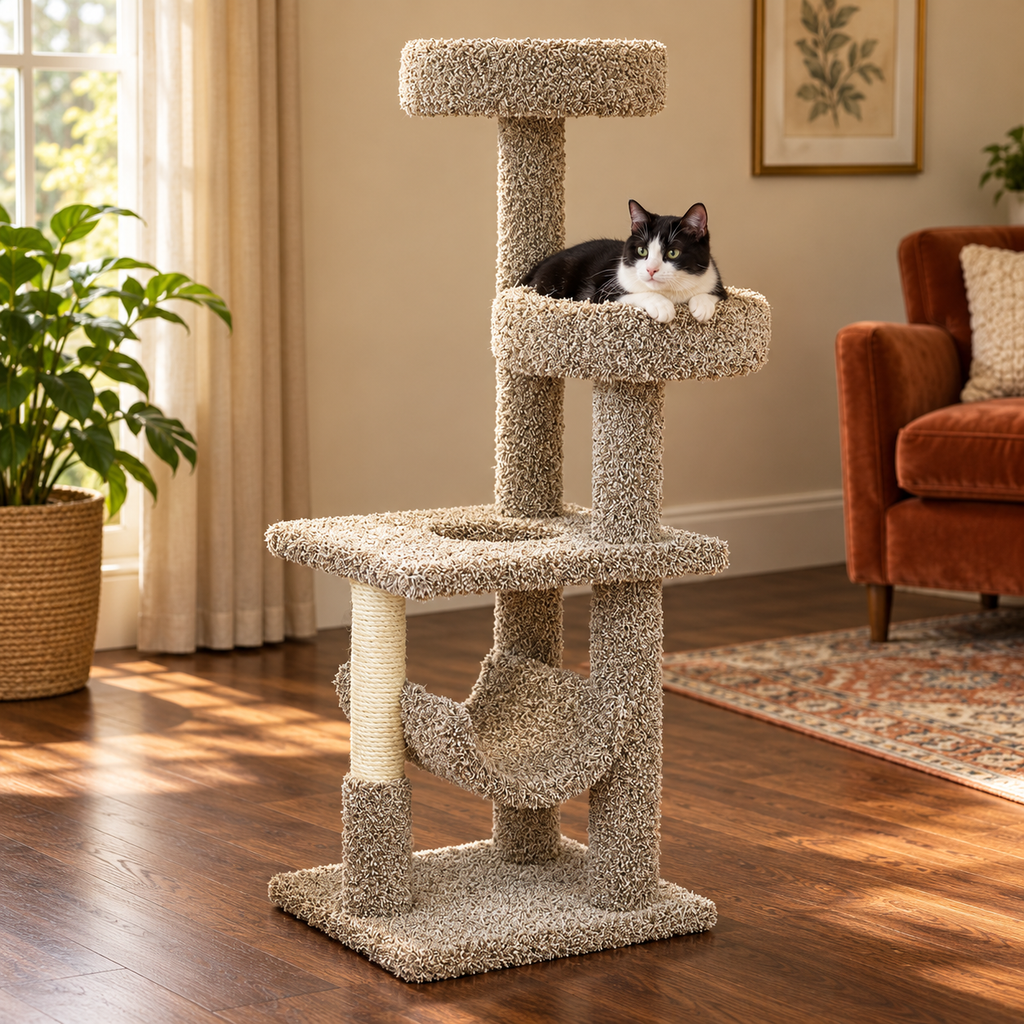 New Cat Condos 140009-Neutral Large Cat Play Gym Cat Tree – cat and product in a home setting