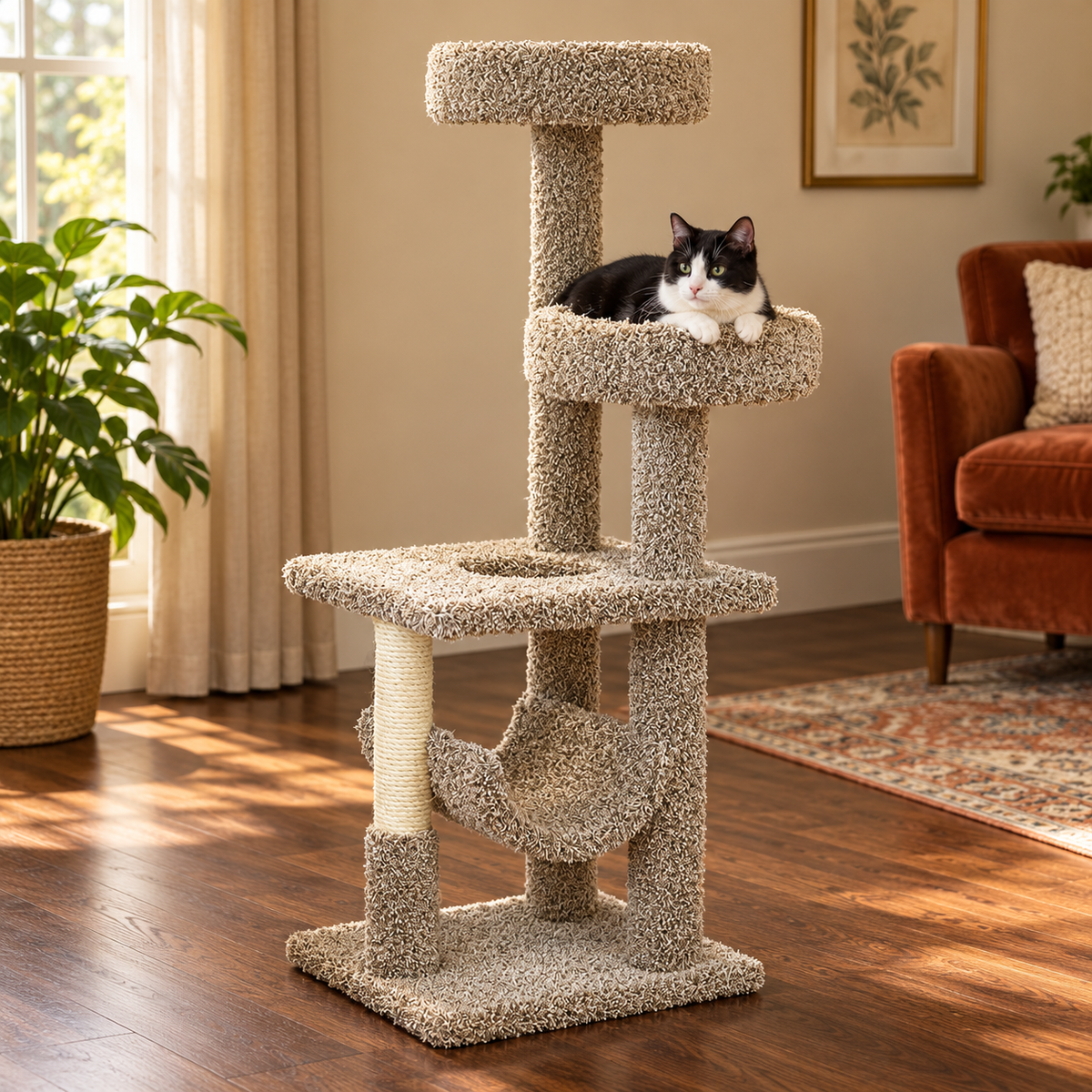 New Cat Condos 140009-Neutral Large Cat Play Gym Cat Tree – cat and product in a home setting