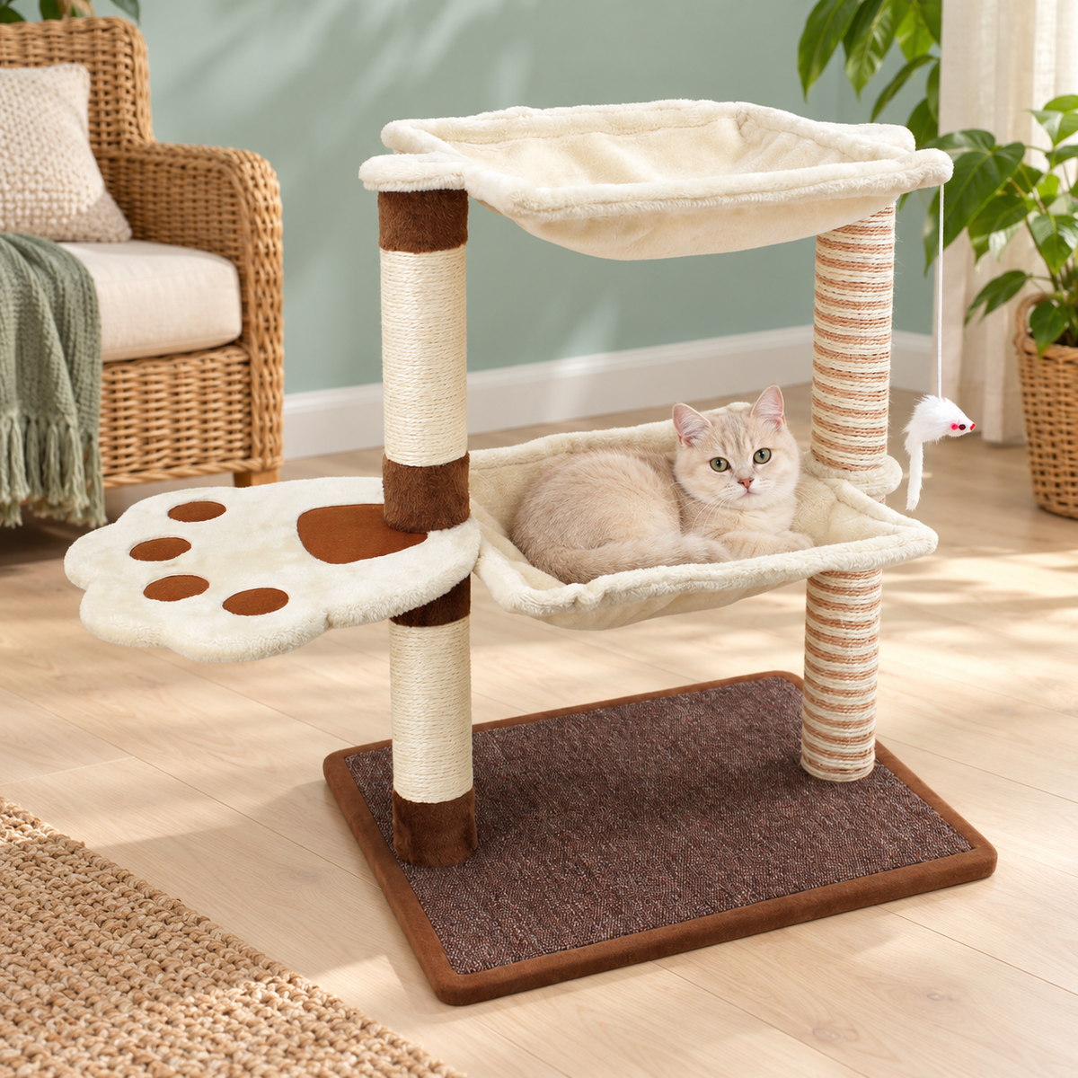 SONGWAY 27.5-Inch Cat Tree with Hammock & Natural Sisal Scratching Post – cat and product in a home setting
