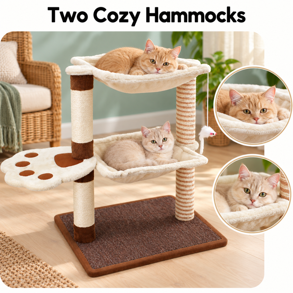 SONGWAY 27.5-Inch Cat Tree with Hammock & Natural Sisal Scratching Post – Two Cozy Hammocks