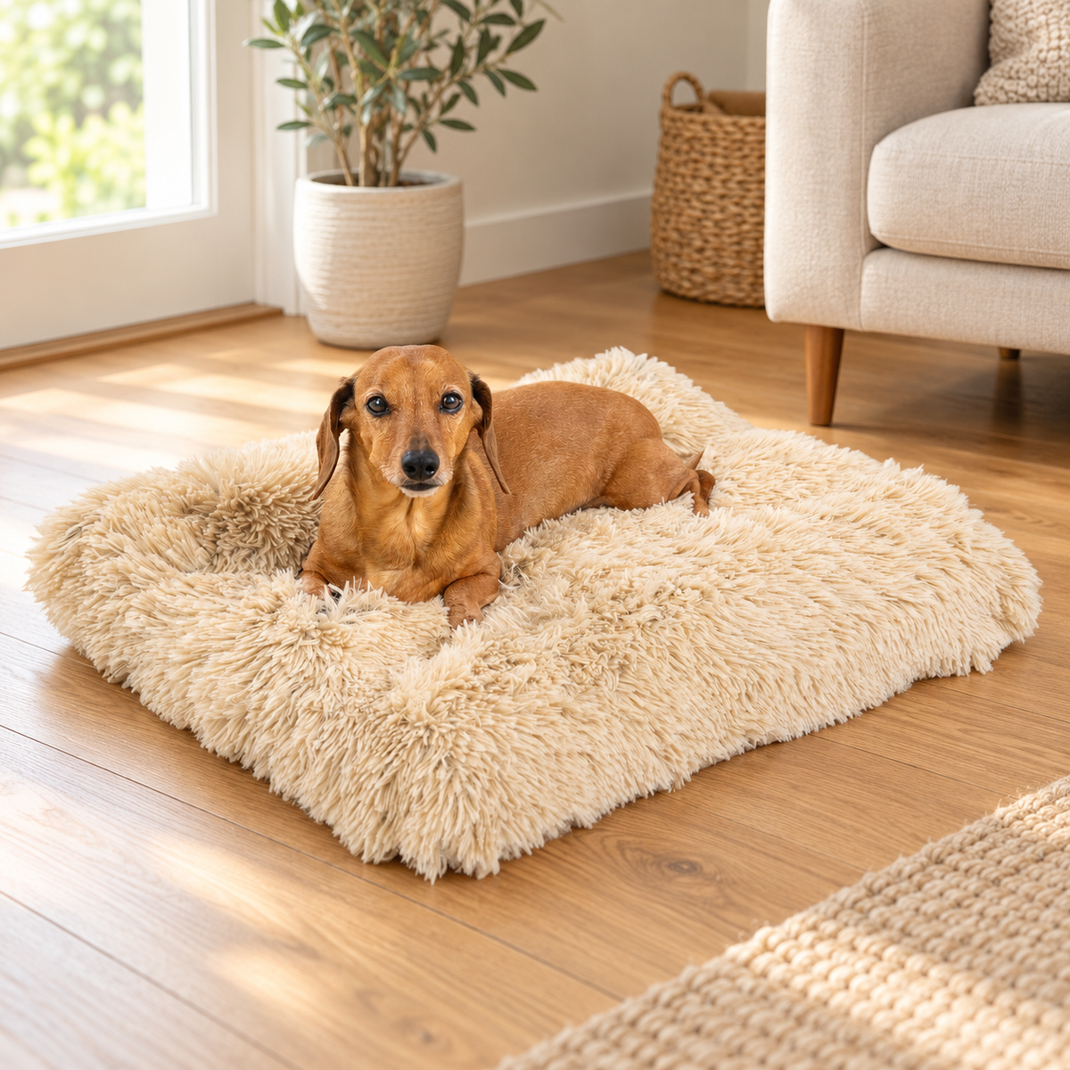 Shag dog mat with dachshund in living room