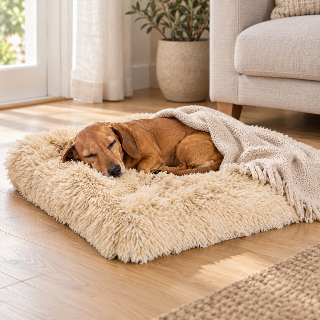 Dachshund sleeping on shag mat; blanket shown for styling
