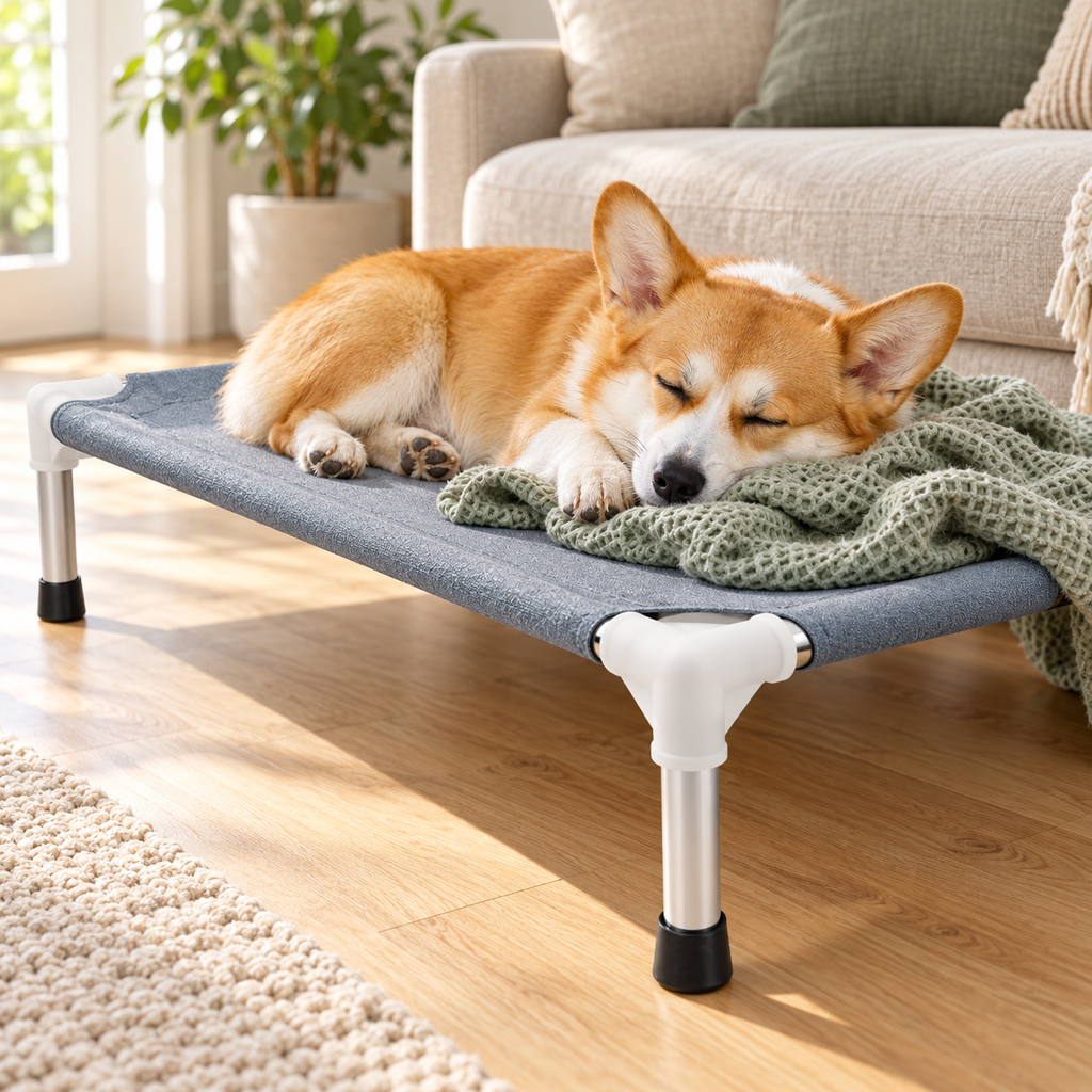 Small Elevated Cooling Dog Bed with Double-Layer Polyester Cotton & Non-Slip Feet – sleeping dog with blanket, alternate angle