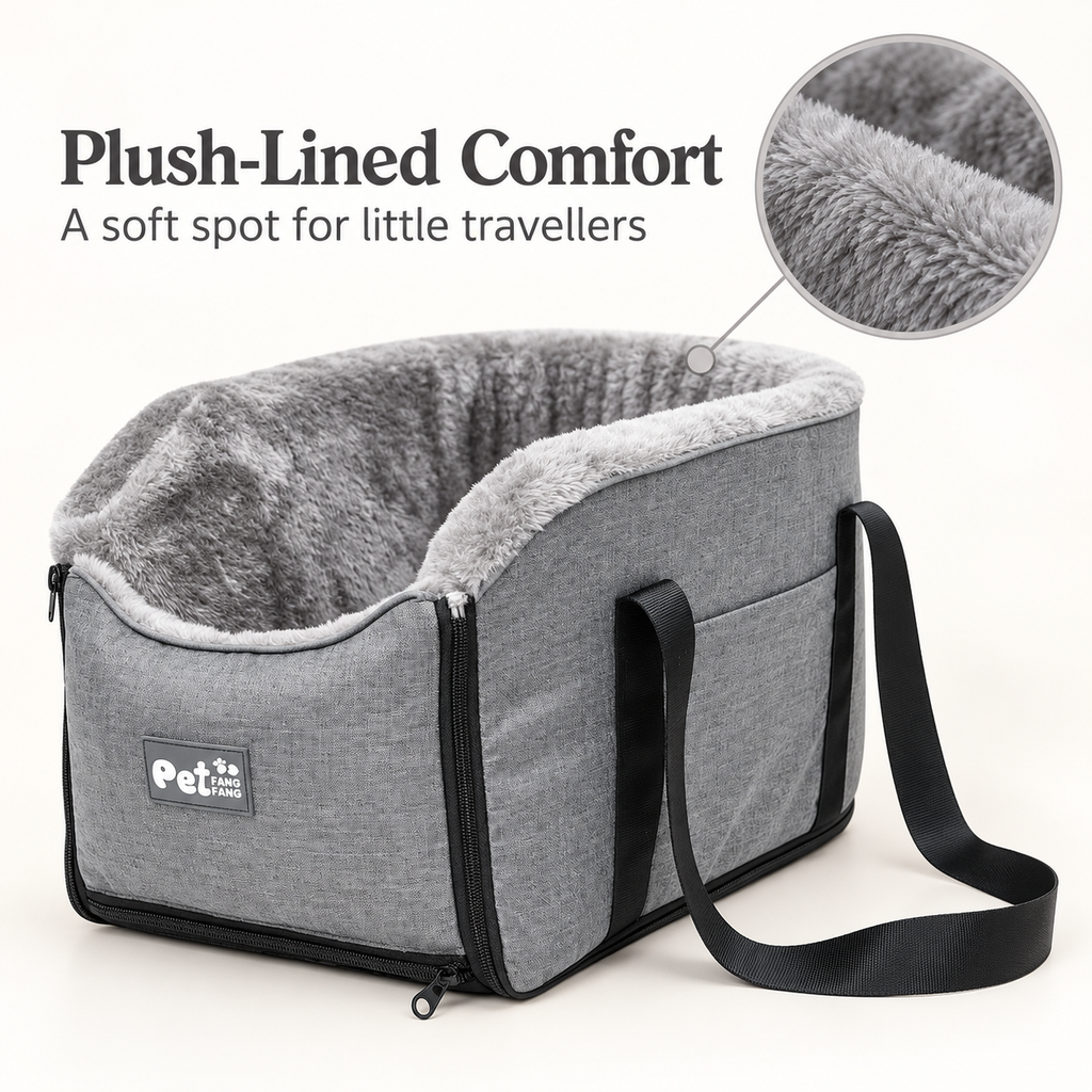 Close-up of the soft grey pet seat plush lining