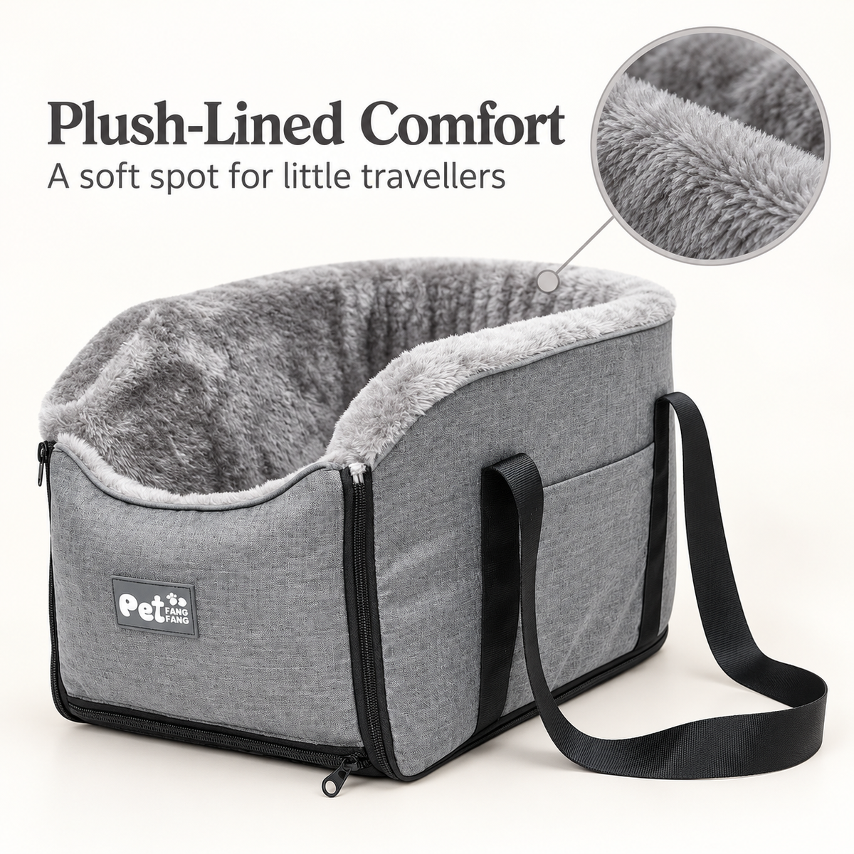 Close-up of the soft grey pet seat plush lining