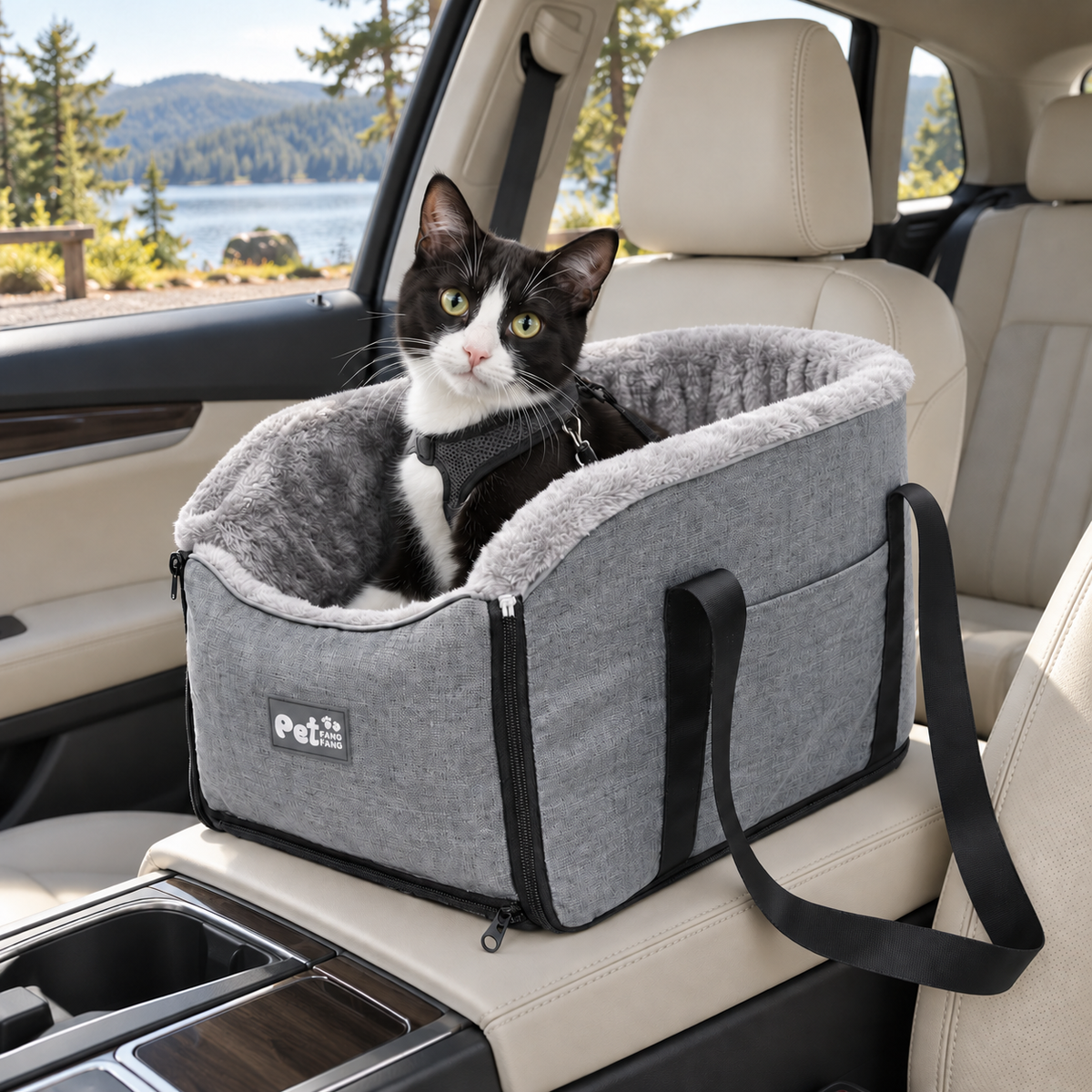 Grey plush lined console pet seat with a tuxedo cat in a parked car