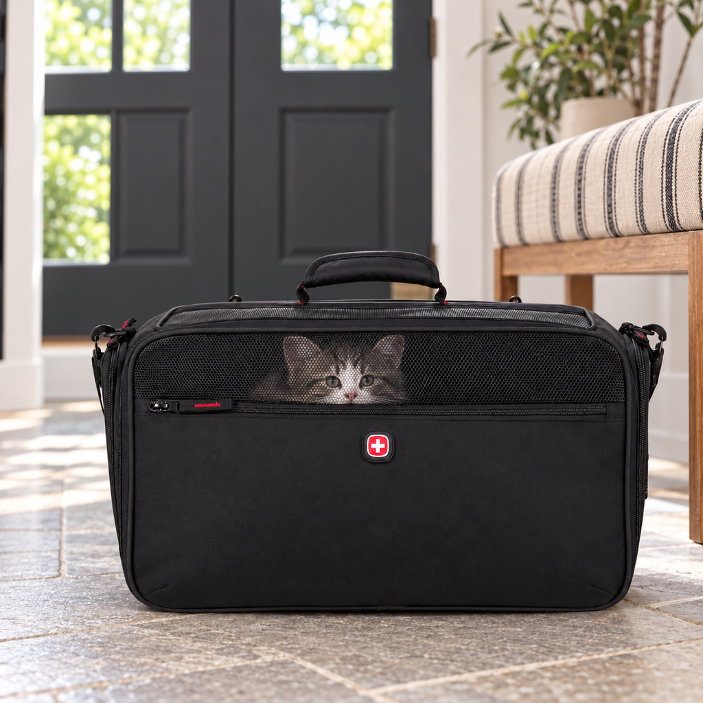 Black SwissGear carrier with kitten naturally visible through the mesh, standing by the door