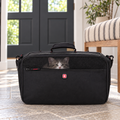Black SwissGear carrier with kitten naturally visible through the mesh, standing by the door