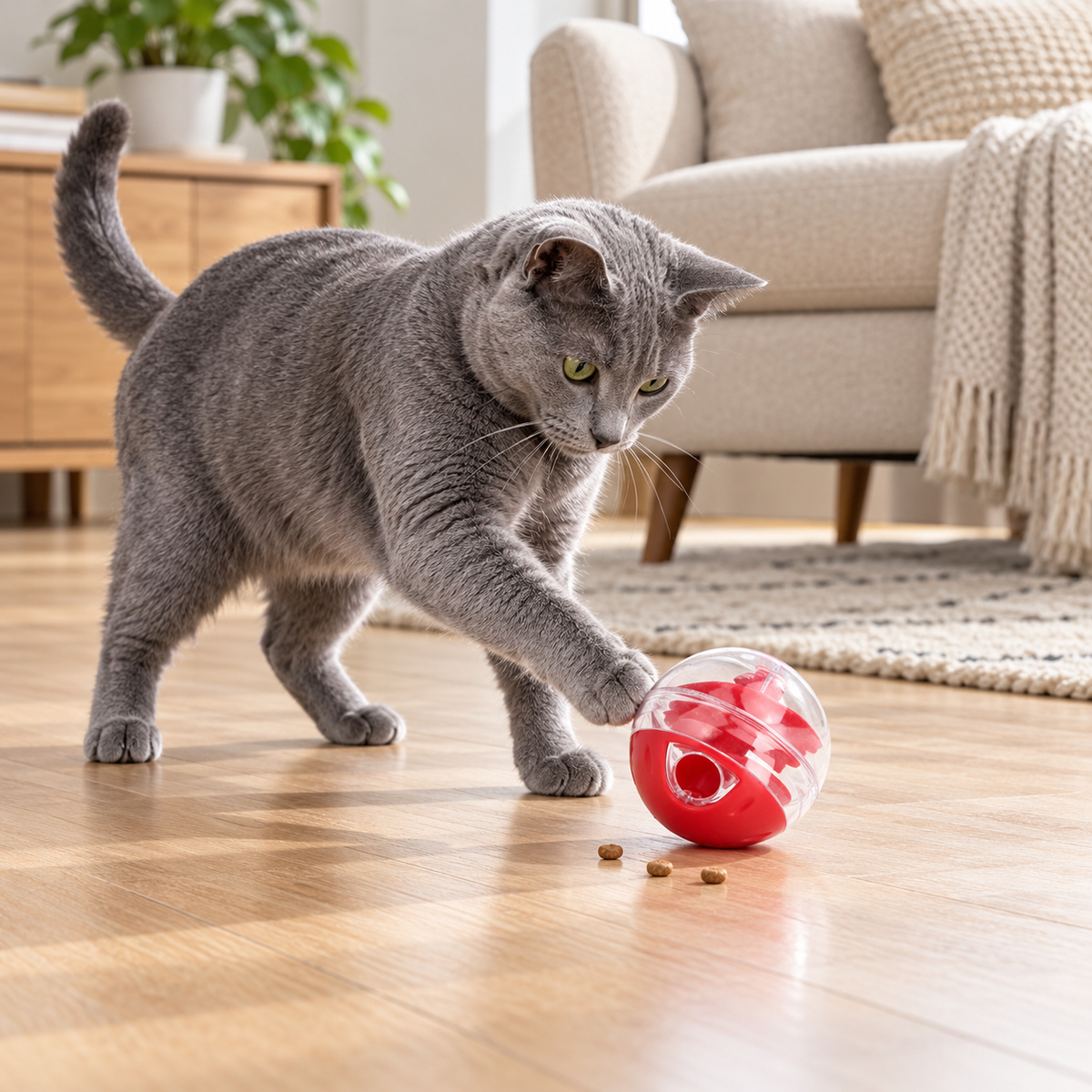Grey cat batting red treat dispensing ball