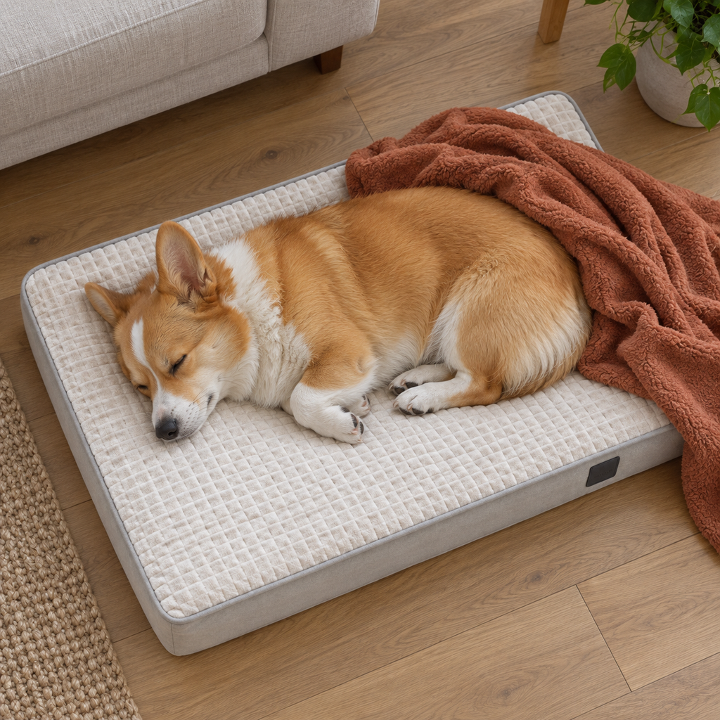 Veehoo Large Orthopedic Flannel Dog Bed with Waterproof Liner & Removable Washable Cover – sleeping dog with blanket, overhead view