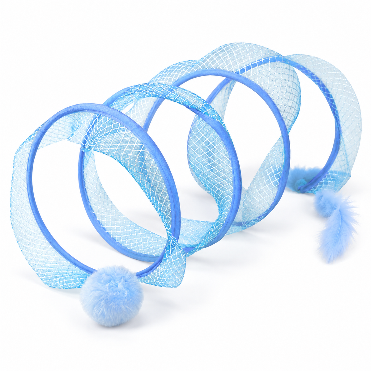 Blue spiral mesh cat tunnel on white