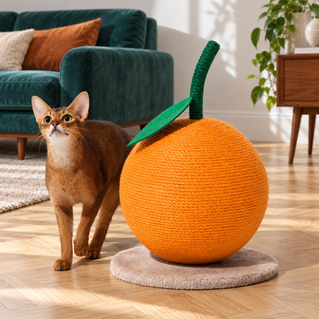 VETRESKA orange scratcher and Abyssinian cat in a teal living room