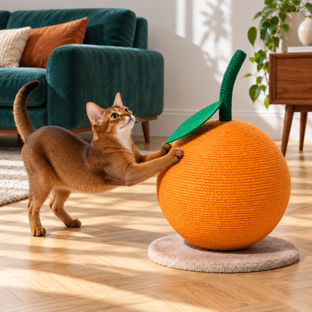 Abyssinian cat scratching the orange sisal sphere in the same living room