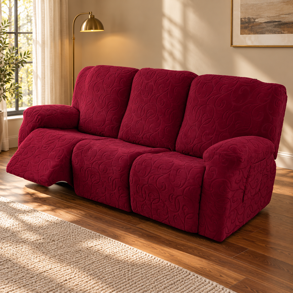 YUEANG Stretch Reclining Sofa Cover Set – Wine Red, Three Seat — in a living room