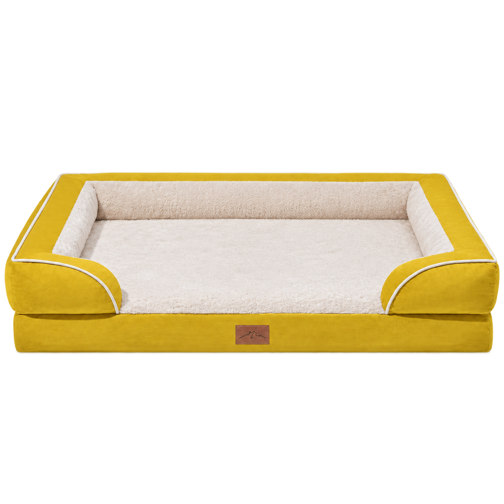 Mustard XXL orthopedic dog sofa bed with cream plush interior, isolated