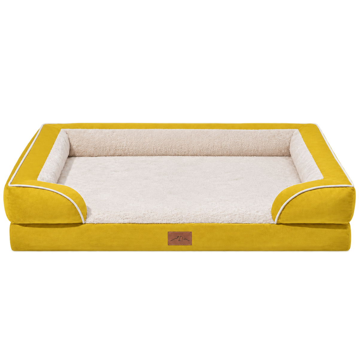 Mustard XXL orthopedic dog sofa bed with cream plush interior, isolated