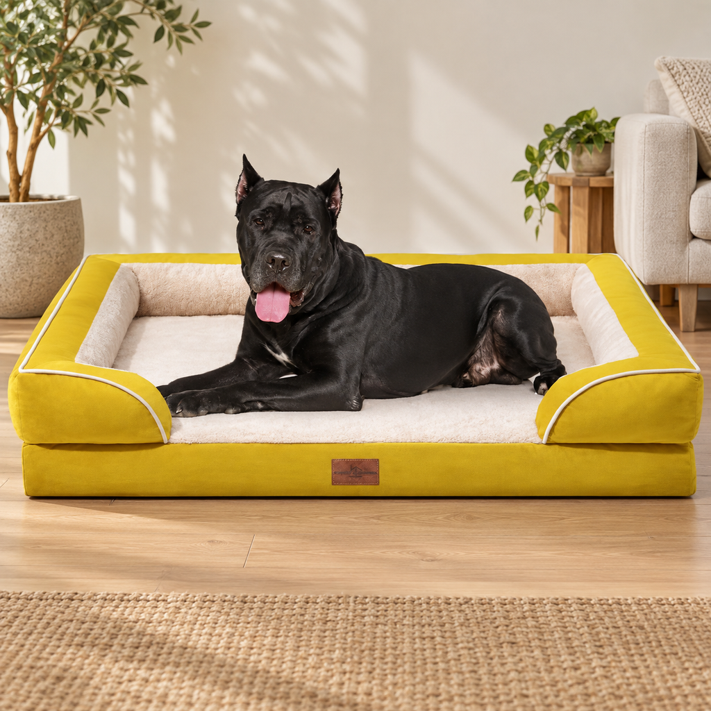 Black dog resting in a mustard XXL dog sofa bed in a living room