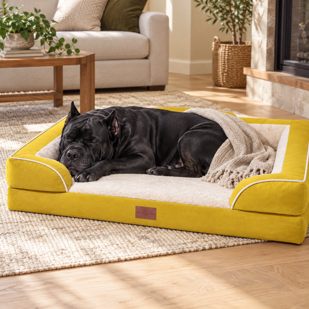Black dog sleeping in mustard dog sofa bed; blanket shown for styling