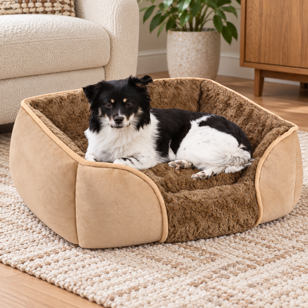 YAEM Medium Swirl Rose Velvet Bolster Dog Bed with Removable Cushion – Light Brown – home setting
