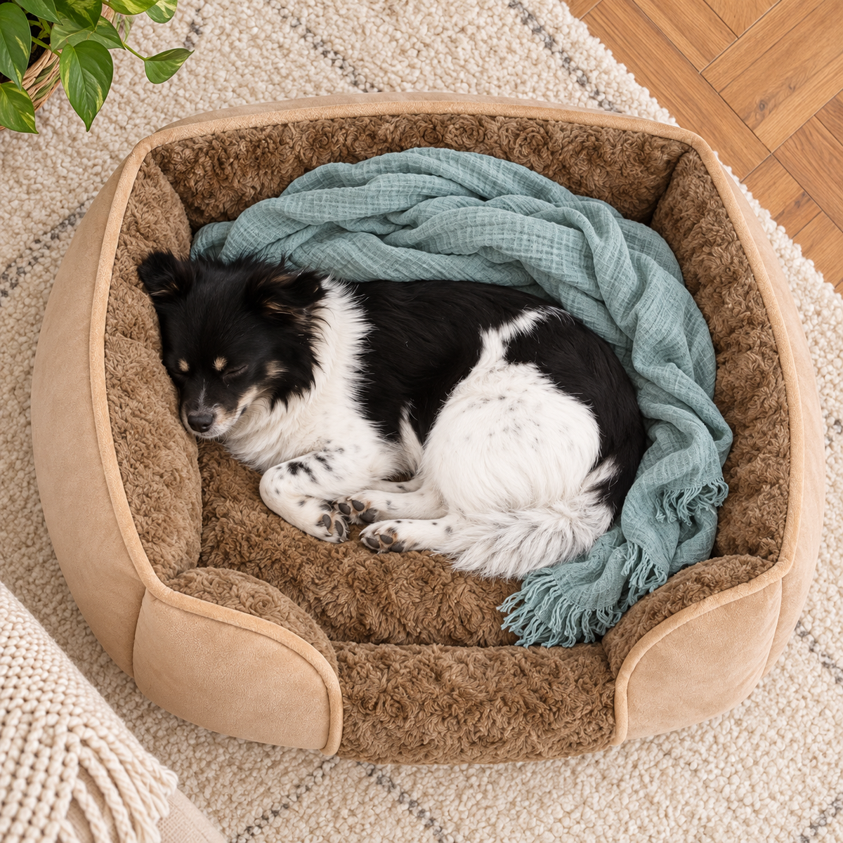 YAEM Medium Swirl Rose Velvet Bolster Dog Bed with Removable Cushion – Light Brown – dog cuddling with blanket, alternate angle
