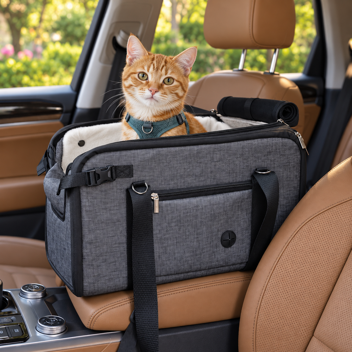 Orange tabby cat in a YUDODO console pet carrier